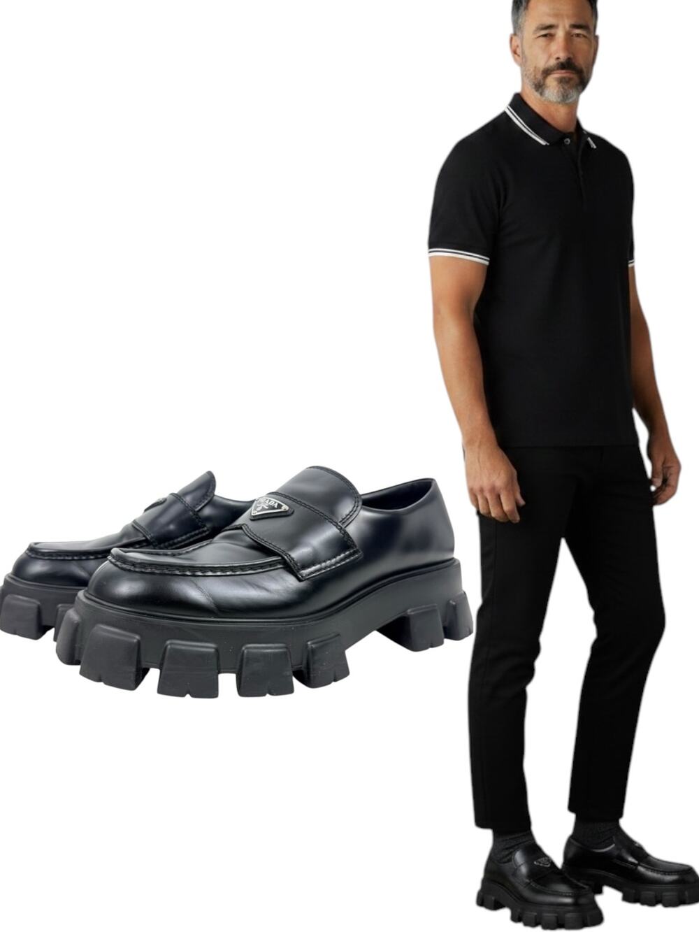 Prada Brushed Leather Monolith Triangle Logo Lug Sole Loafers Black Size 13